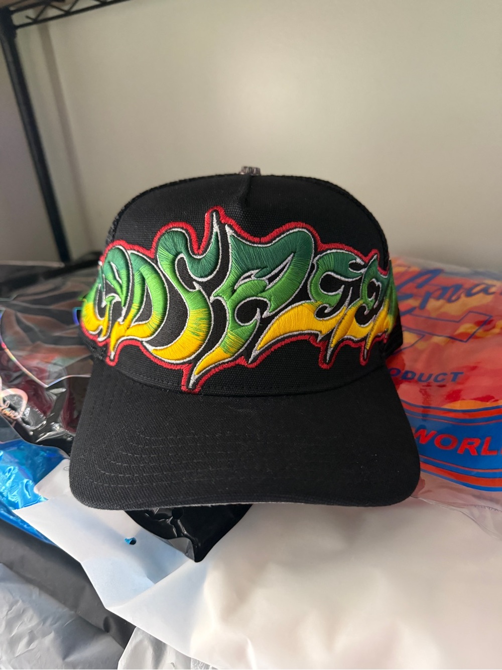 Black Flame-Graphic Baseball Cap with Green and Yellow Embroidery